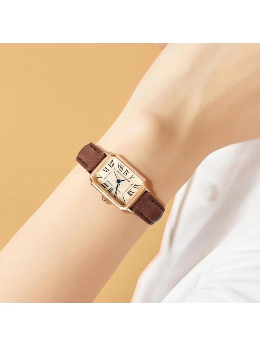 Elegant Vintage Rectangle Leather Strap Watch for Women - Dainty Quartz Wrist
